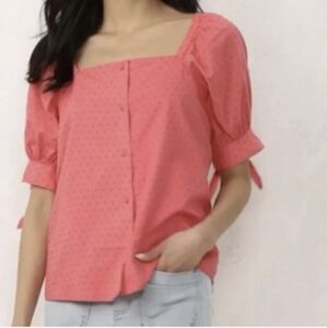 LC Lauren Conrad Eyelet Button Blouse Top Square Neck Tie Cuff Short Sleeve XL